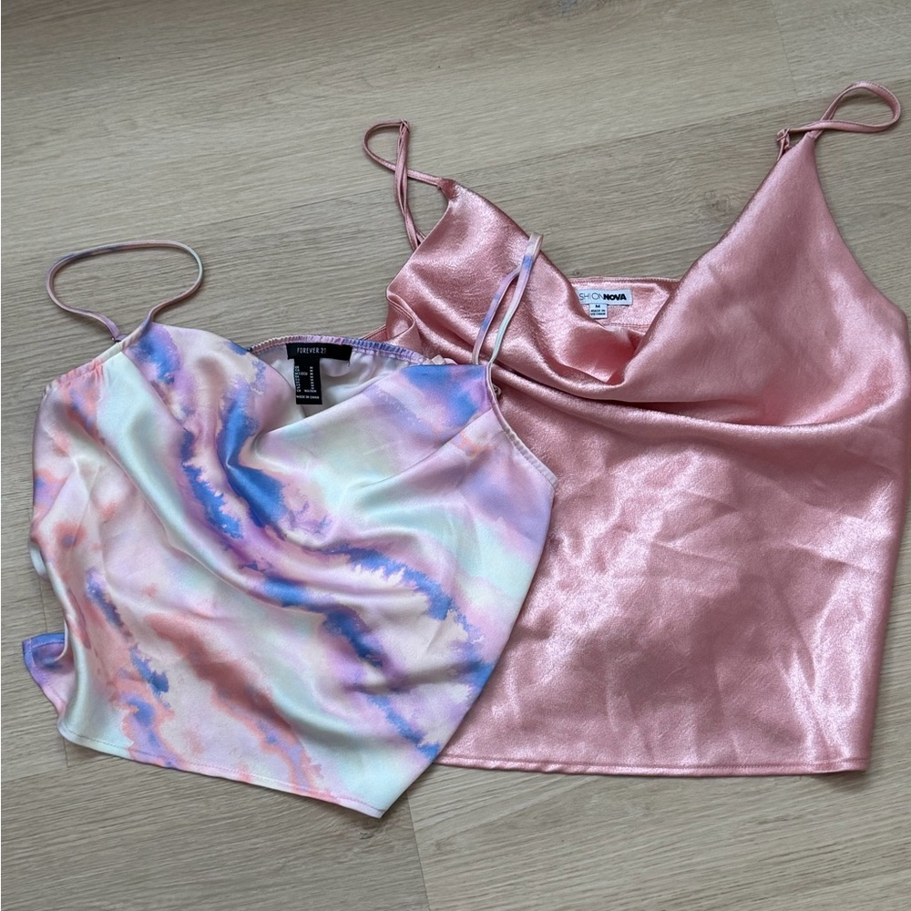 Fashion Nova Satin Cowl Tank Top in Rose Pink & Pastel Tie-Dye